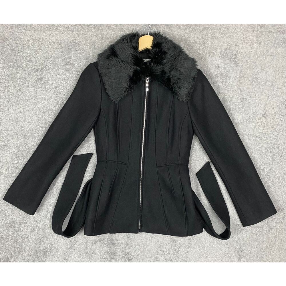 White House Black Market Jacket Women XXS Black Wool Blend Faux Fur Classic